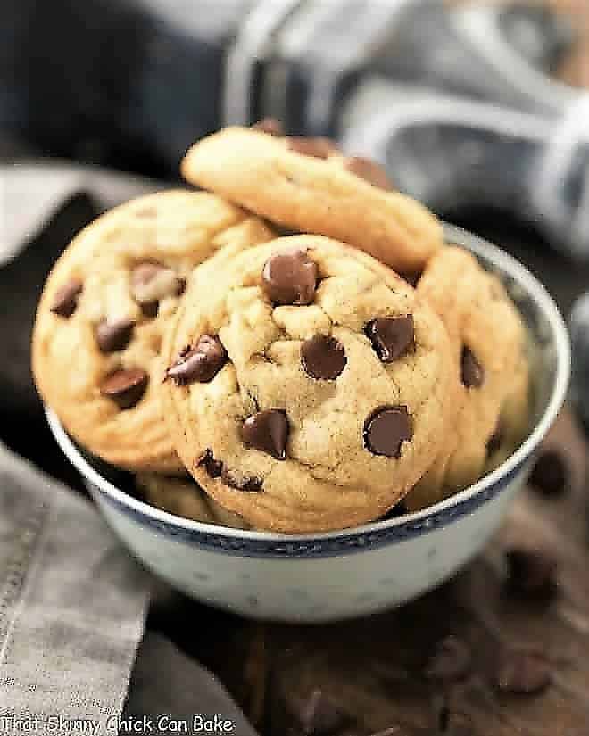 Double Chocolate Chip Cookies in a blue and white bowl