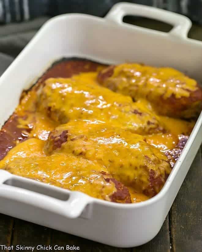 Easy Salsa Chicken in a white rectangular porcelain dish.