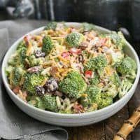 Broccoli Salad with Bacon in a white bowl