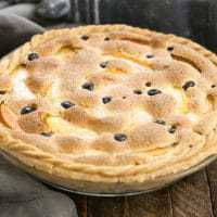 Peach Blueberry Custard Pie - A one crust peach pie speckled with blueberries