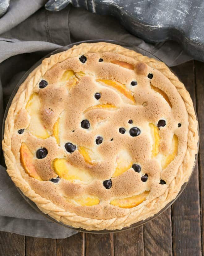 Peach Blueberry Custard Pie - A one crust peach pie speckled with blueberries