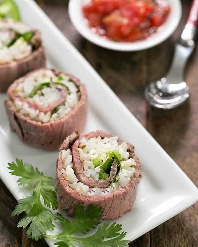 Beefshi - Beef Texan Rolls on a narrow white tray