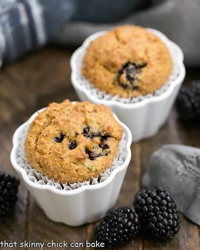 Blackberry Bran Muffins in white ceramic ramekins