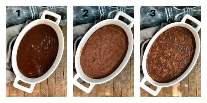 Hot Fudge Pudding Cake - When brownies and chocolate pudding collide! Hot Fudge Pudding Cake Process Shots with 3 numbered photos.