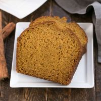 Slices of classic pumpkin bread on a square white plate