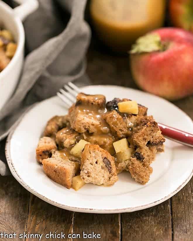 Gluten Free Apple Cinnamon Bread Pudding on a round white ceramic plate