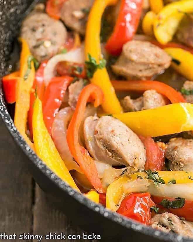 Close view of Italian Sausage and Peppers in a skillet