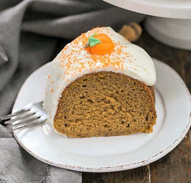 Slice of Pumpkin Spiced Bundt Cake on a white dessert plate