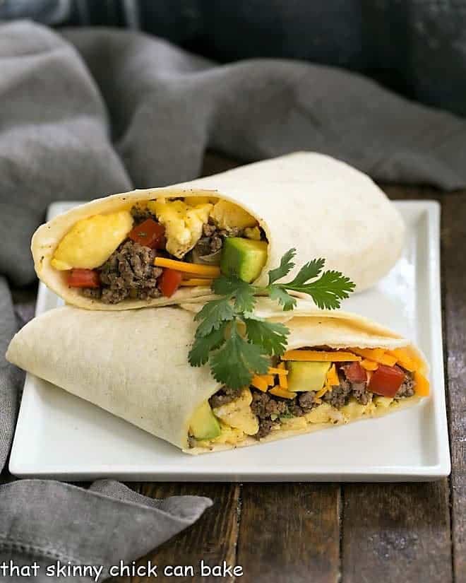 Tex-Mex Breakfast Burritos on a square white plate.