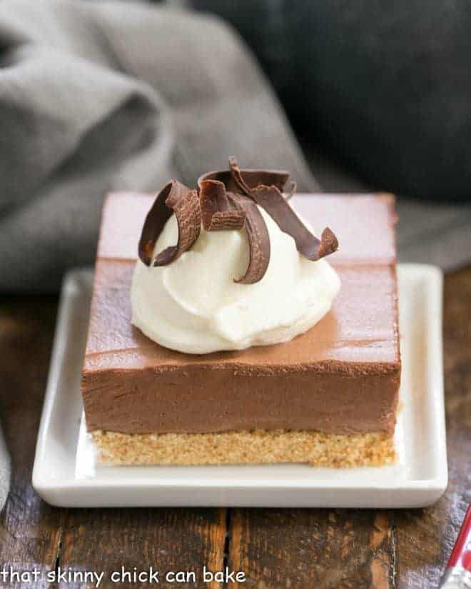 Easy chocolate mousse bars on a square white plate