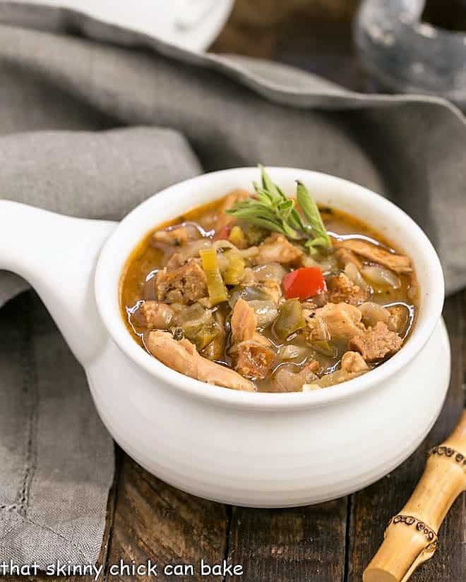 Sausage and Chicken Gumbo in a ceramic soup bowl