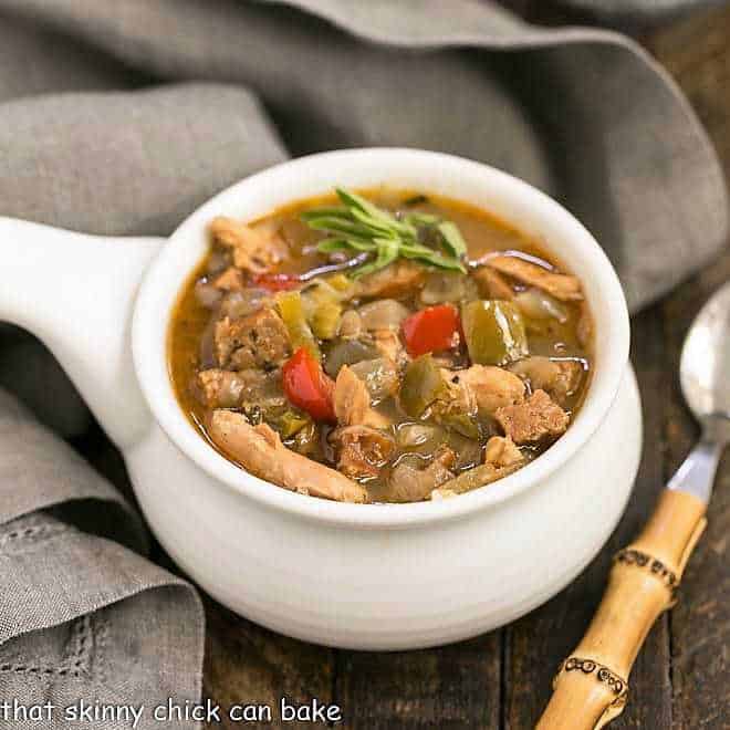 Sausage and Chicken Gumbo -in a ceramic soup bowl