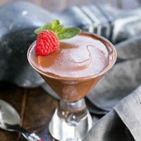 Chocolate Truffle Mousse AKA Mousse au Chocolat in a martini glass with a raspberry and mint