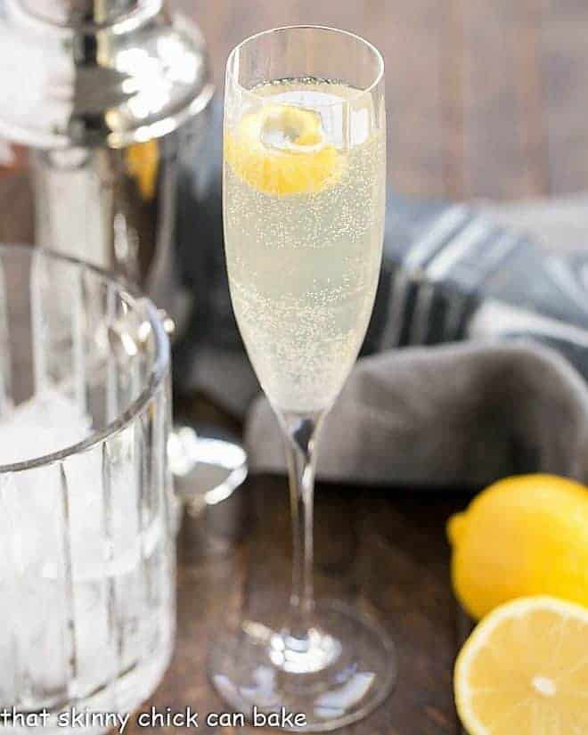 French 75 Champagne Cocktail in a champagne flute.