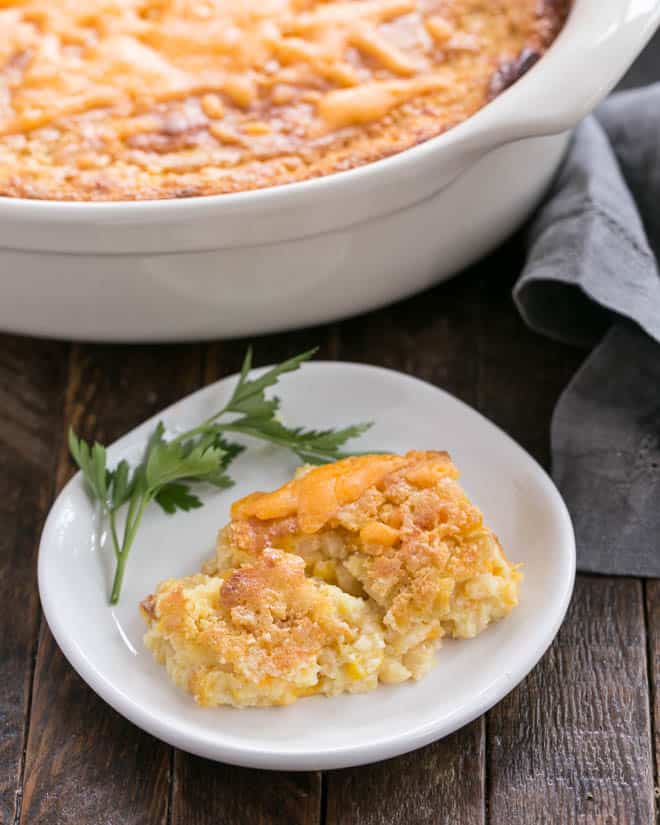 Easy Sweet Corn Casserole on a small white plate.