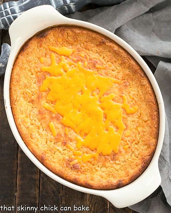 Corn Casserole Recipe in a white baking dish.