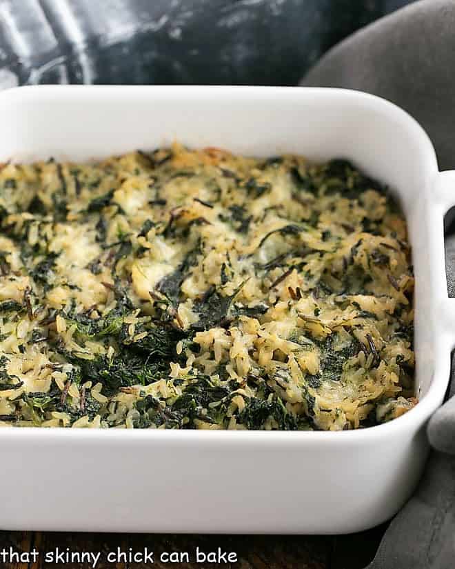 Cheesy Spinach Rice Casserole baked in a square casserole dish