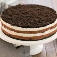 Layered Chocolate Cream Torte on a white cake plate