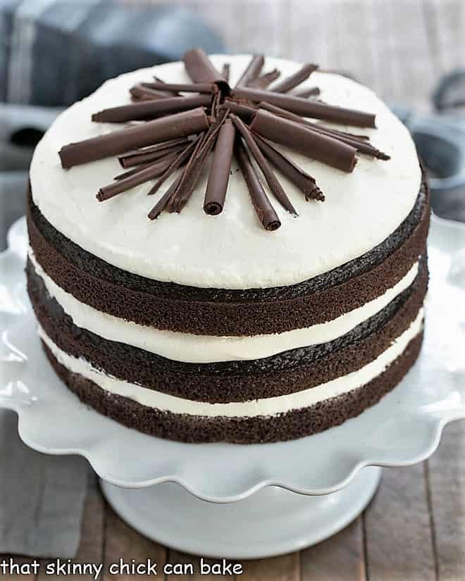 Triple Chocolate Layer Cake on a white cake stand