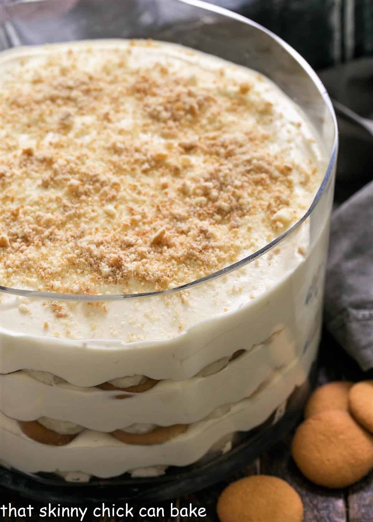 Easy banana pudding in a glass serving bowl.