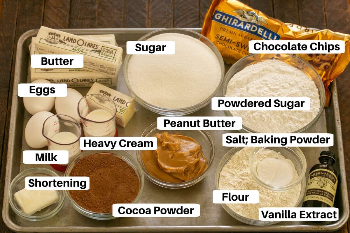 Peanut butter truffle brownie ingredients with labels on a sheetpan.