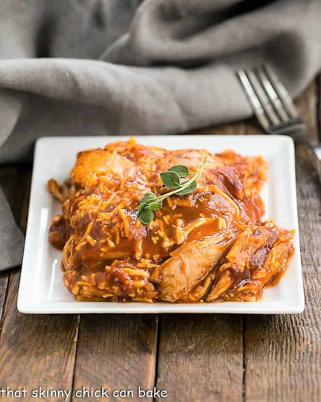 Turkey Enchilada Casserole on a square white plate