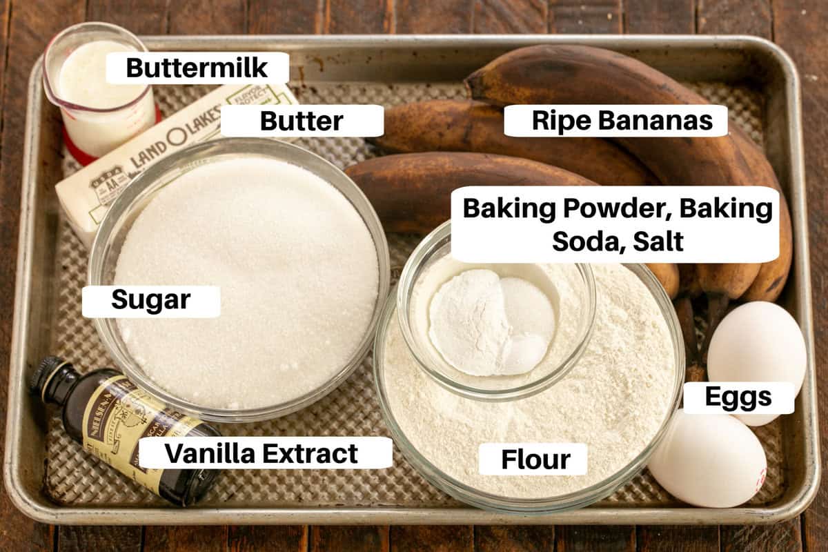 Buttermilk Banana Bread Ingredients with labels on a metal sheet pan.