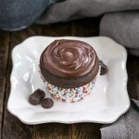 Cream Filled Chocolate Cupcakes on a square white ceramic plate