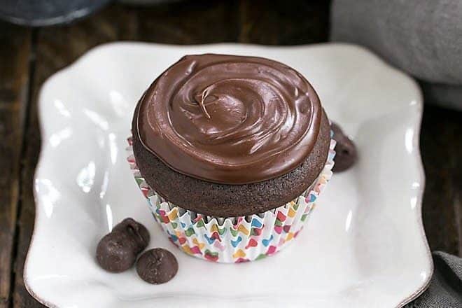 Cream Filled Chocolate Cupcakes on a square white ceramic plate
