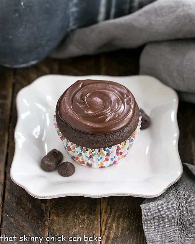 Cream Filled Chocolate Cupcakes on a square white ceramic plate