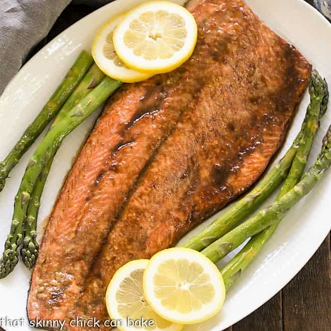 Easy Glazed Salmon overhead view on a white platter.