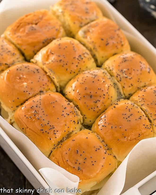 Ham, Egg and Cheese Breakfast Sliders in a casserole dish