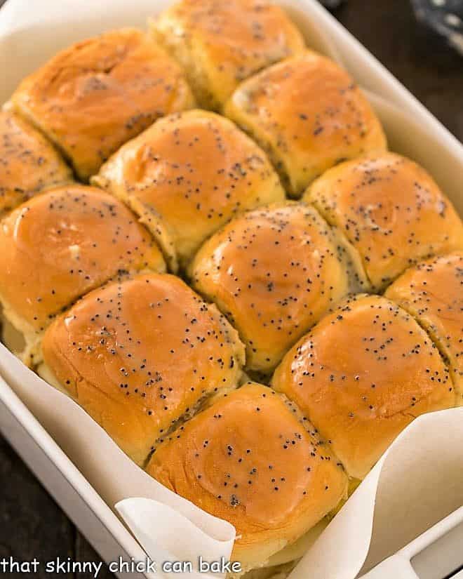 Ham, Egg and Cheese Breakfast Sliders in a casserole dish.