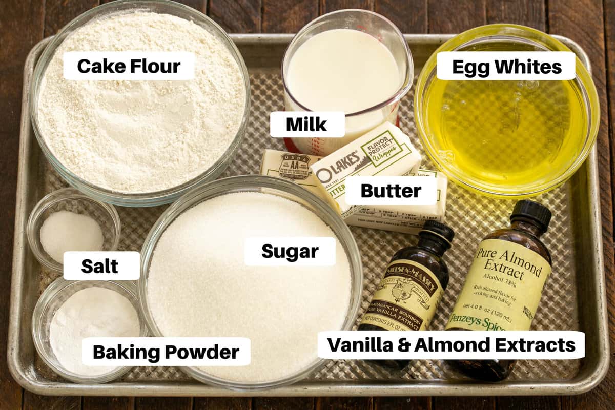 White Layer Cake Ingredients on a sheet pan with labels.