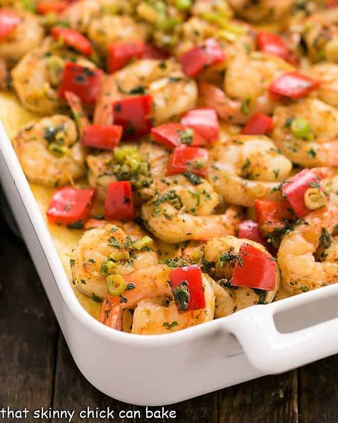 Close view of Cheesy Shrimp and Grits in a casserole dish
