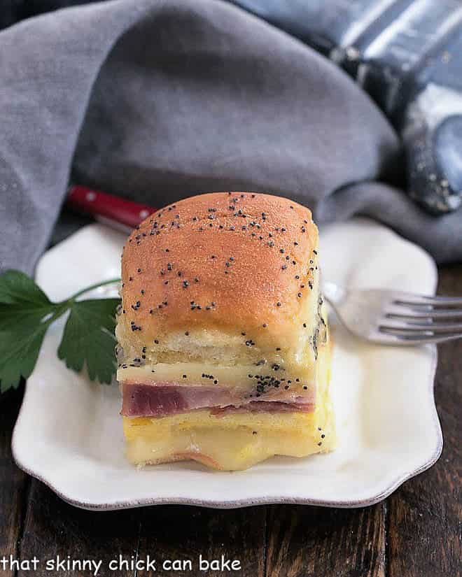 Ham and Cheese Breakfast Sliders on a square white plate