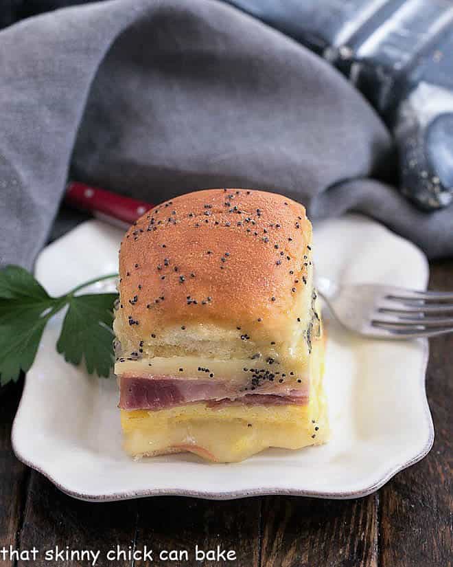 A Ham and Cheese Breakfast Slider on a square white plate.