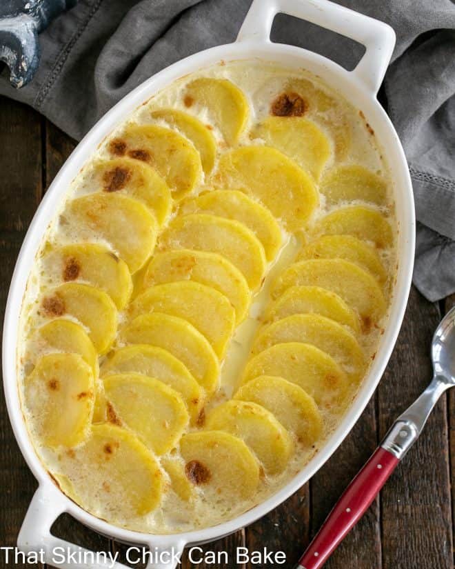 Overhead view of cheesy scalloped potatoes