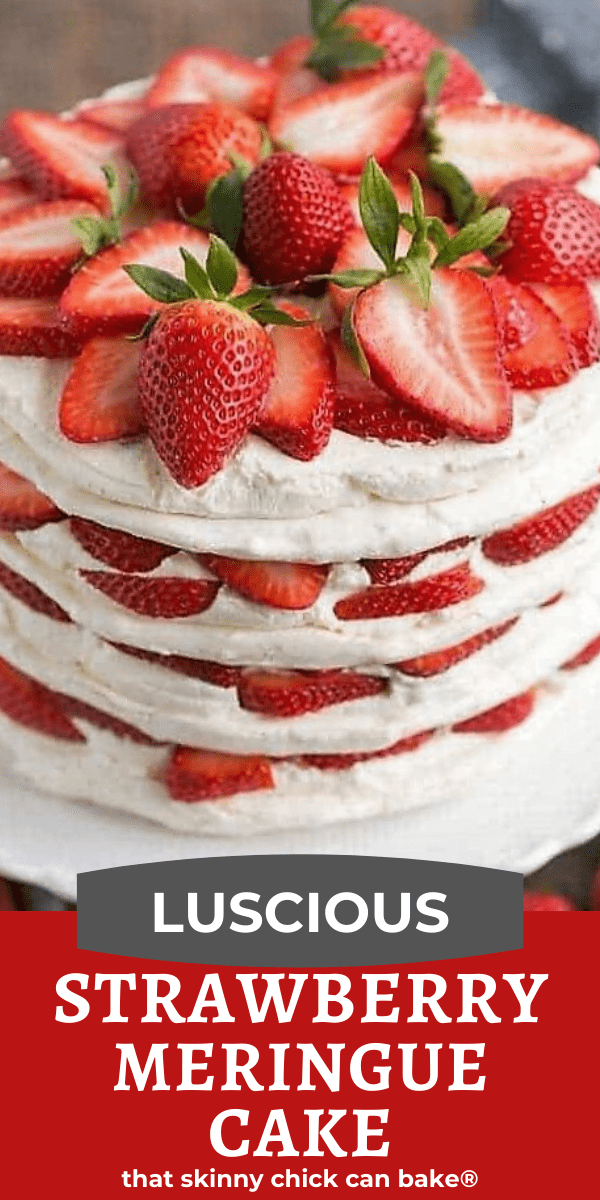strawberry meringue cake photo and text collage