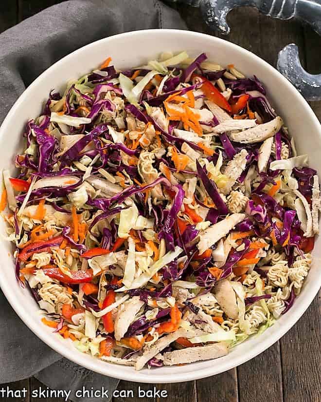 Overhead view of Asian Ramen Noodle Salad in a white serving bowl.