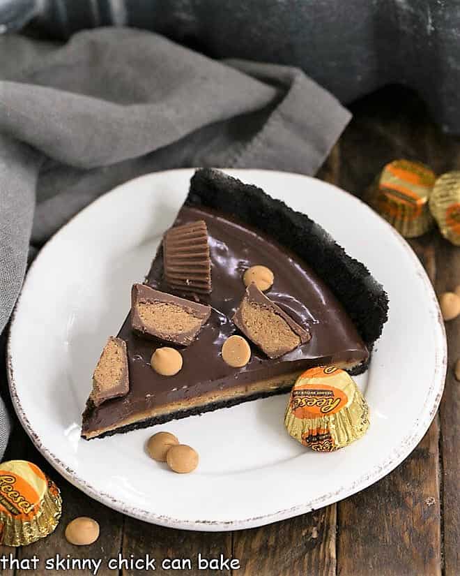 Slice of Reese's Peanut Butter Pie on a round white plate