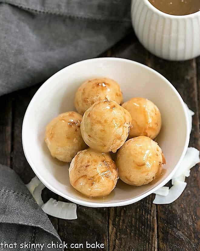 Fried Sticky Rice Balls in a white serving bowl