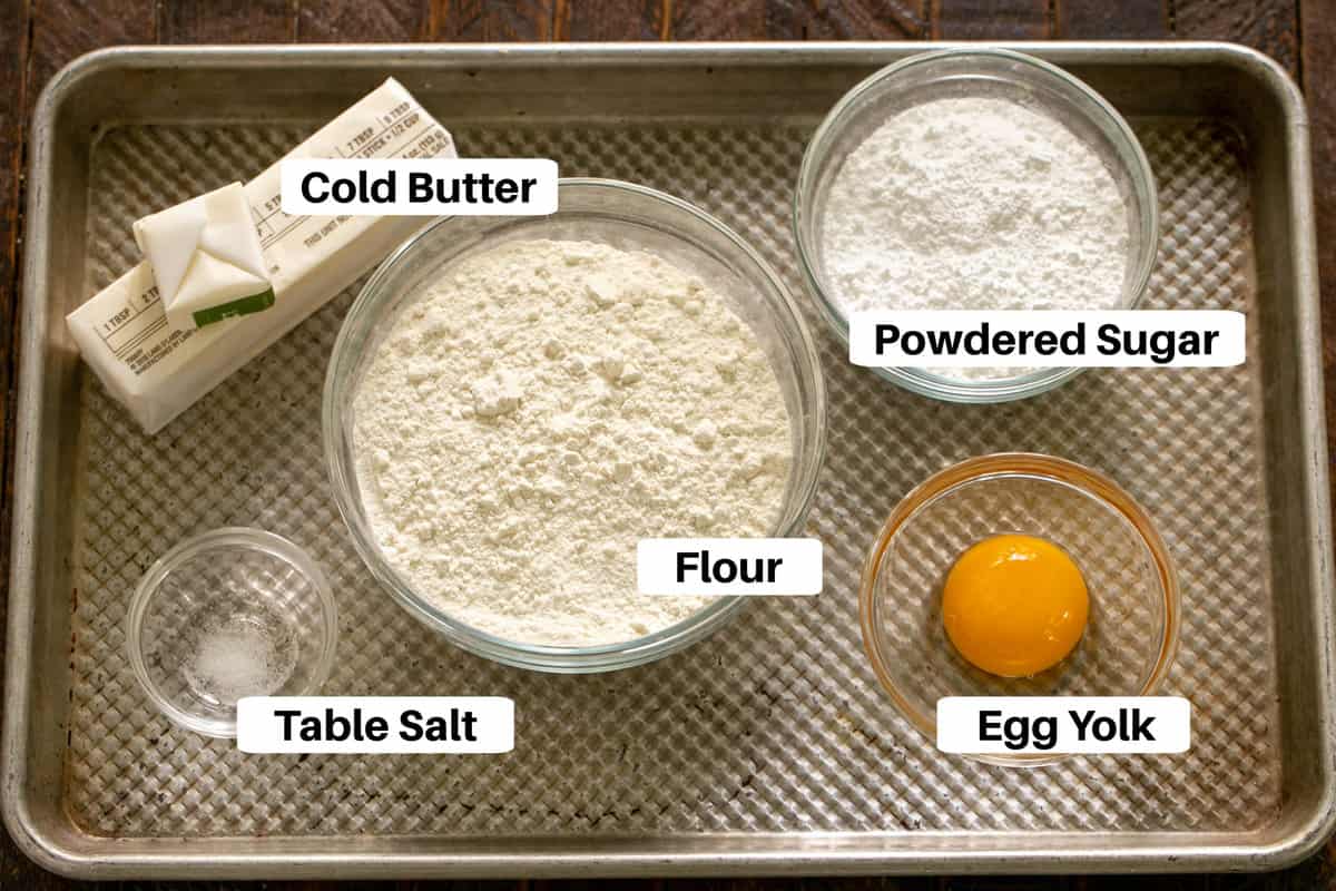 Lemon Tart Crust Ingredients on a sheet pan with labels.