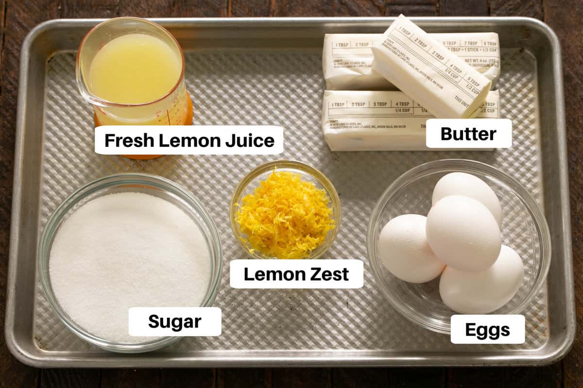 Lemon Tart Filling Ingredients on a sheet pan with labels.