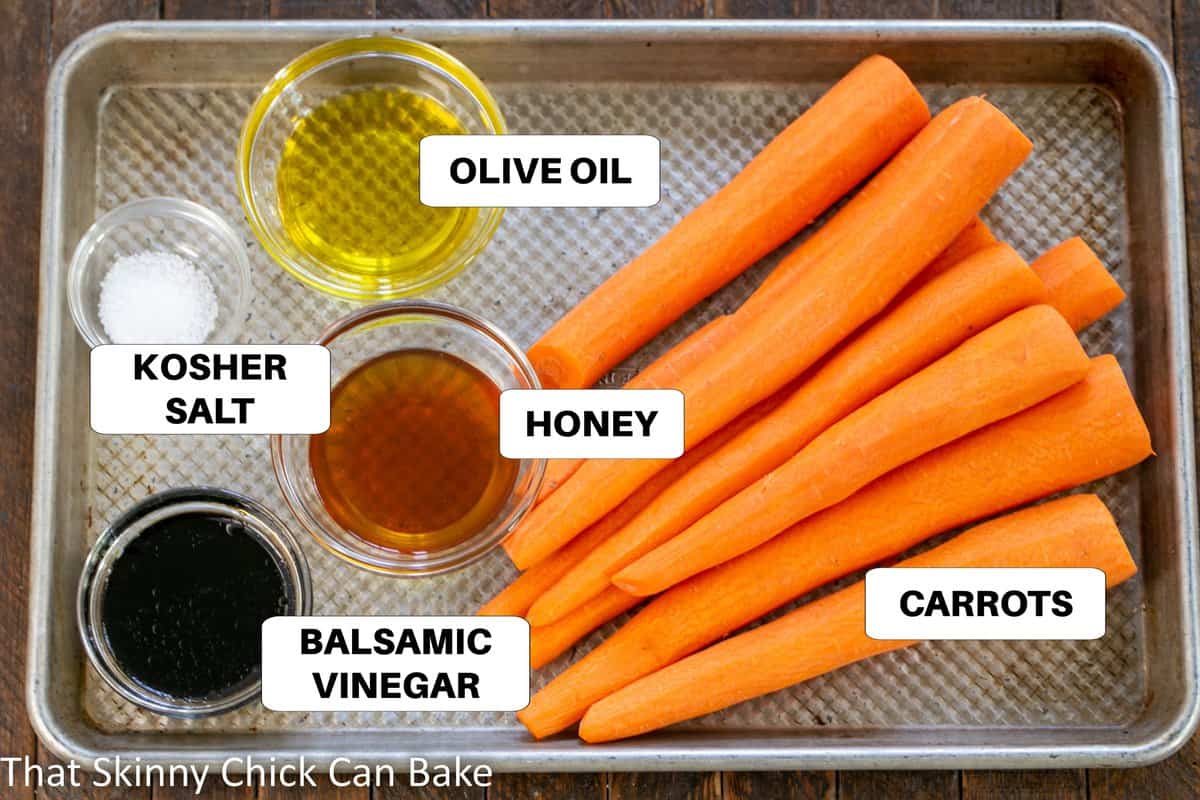 Roasted Carrots ingredients on a metal sheet pan with labels.