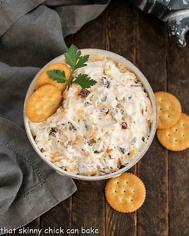 Overhead view of Bacon Cheddar Dip AKA Crack Dip.