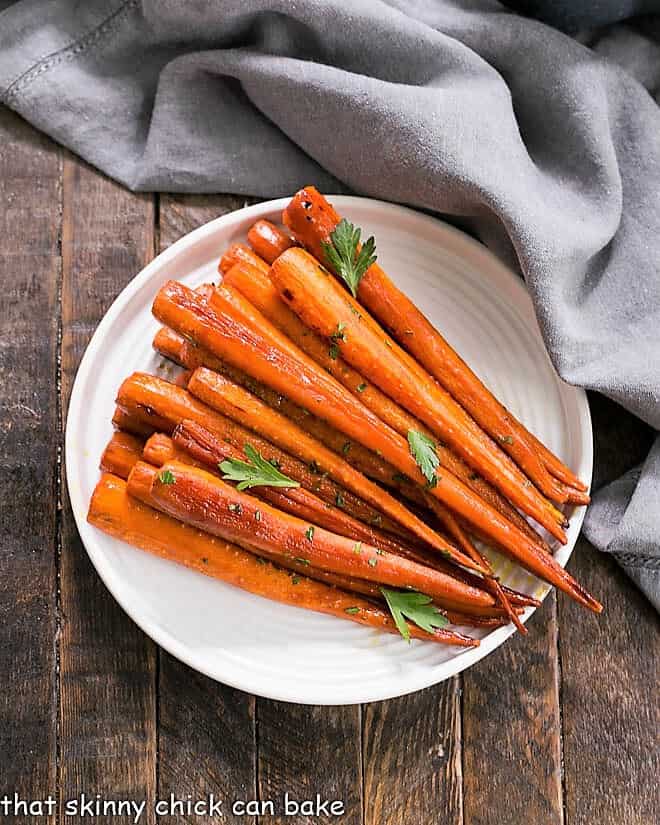 Honey Balsamic Roasted Carrots on a white ceramic plate.