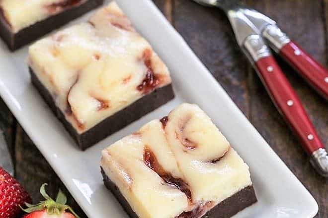 overhead view of Strawberry brownies on a white tray