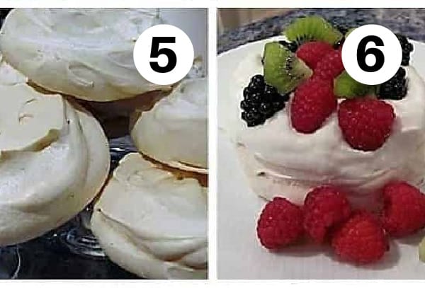 Mini Pavlova process shots numbered 5,6. Cooked pavlovas and garnished pavlovas.