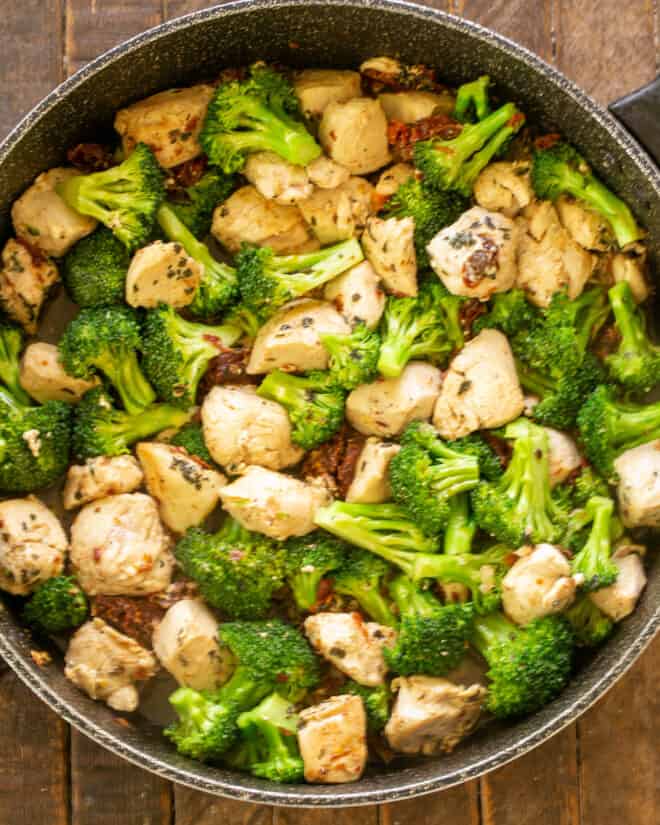 Chicken in skillet with broccoli.